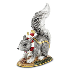 Luxury Giftware by Jere Bejeweled Crystals Gold-tone Enameled MAVERICK Winter Grey Squirrel Trinket Box with Matching 18 Inch Necklace