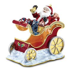 Luxury Giftware by Jere Bejeweled Crystals Gold-tone Enameled CRUISIN' SANTA in Sleigh Trinket Box with Matching 18 Inch Necklace