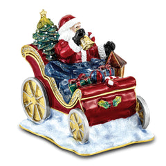 Luxury Giftware by Jere Bejeweled Crystals Gold-tone Enameled CRUISIN' SANTA in Sleigh Trinket Box with Matching 18 Inch Necklace