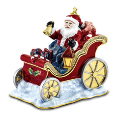 Luxury Giftware by Jere Bejeweled Crystals Gold-tone Enameled CRUISIN' SANTA in Sleigh Trinket Box with Matching 18 Inch Necklace