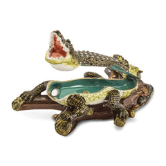 Luxury Giftware by Jere Pewter Bejeweled Crystals Gold-tone Enameled COCO Fierce Crocodile Trinket Box with Matching 18 Inch Necklace