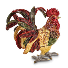 Luxury Giftware by Jere Pewter Bejeweled Crystals Gold-tone Enameled RORY Strutting Rooster Trinket Box with Matching 18 Inch Necklace