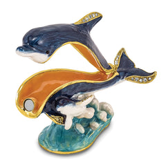 Luxury Giftware by Jere Pewter Bejeweled Crystals Gold-tone Enameled DOLLY & DYLAN Blue Dolphin & Baby Trinket Box with Matching 18 Inch Necklace