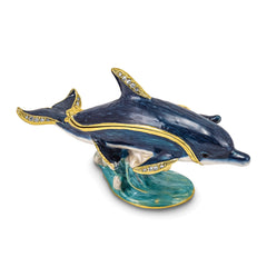 Luxury Giftware by Jere Pewter Bejeweled Crystals Gold-tone Enameled DOLLY & DYLAN Blue Dolphin & Baby Trinket Box with Matching 18 Inch Necklace