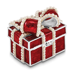 Luxury Giftware by Jere Pewter Bejeweled Imitation Pearls and Crystals Silver-tone Enameled EXCITEMENT Faux Pearl Red Gift Box Trinket Box with Matching 18 Inch Necklace