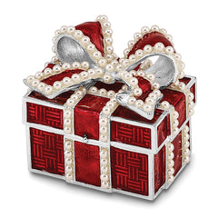 Luxury Giftware by Jere Pewter Bejeweled Imitation Pearls and Crystals Silver-tone Enameled EXCITEMENT Faux Pearl Red Gift Box Trinket Box with Matching 18 Inch Necklace