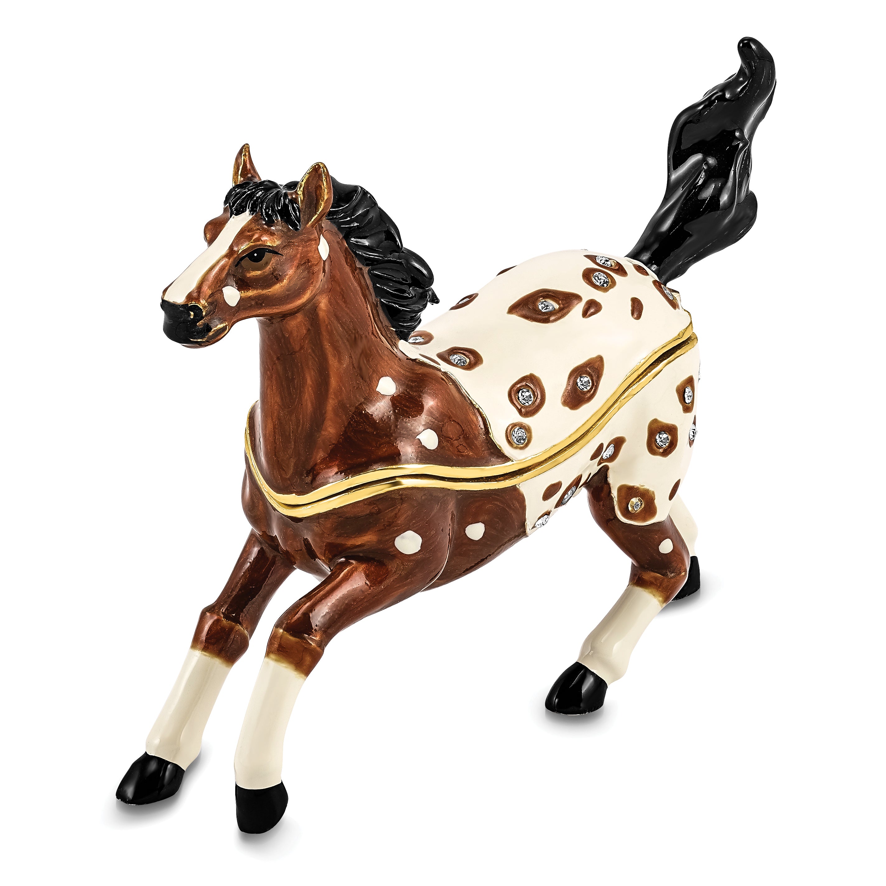 Luxury Giftware by Jere Pewter Bejeweled Crystals Gold-tone Enameled ASPEN Appaloosa Horse Trinket Box with Matching 18 Inch Necklace