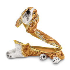 Luxury Giftware by Jere Pewter Bejeweled Crystals Gold-tone Enameled OTIS Bassett Hound Trinket Box with Matching 18 Inch Necklace