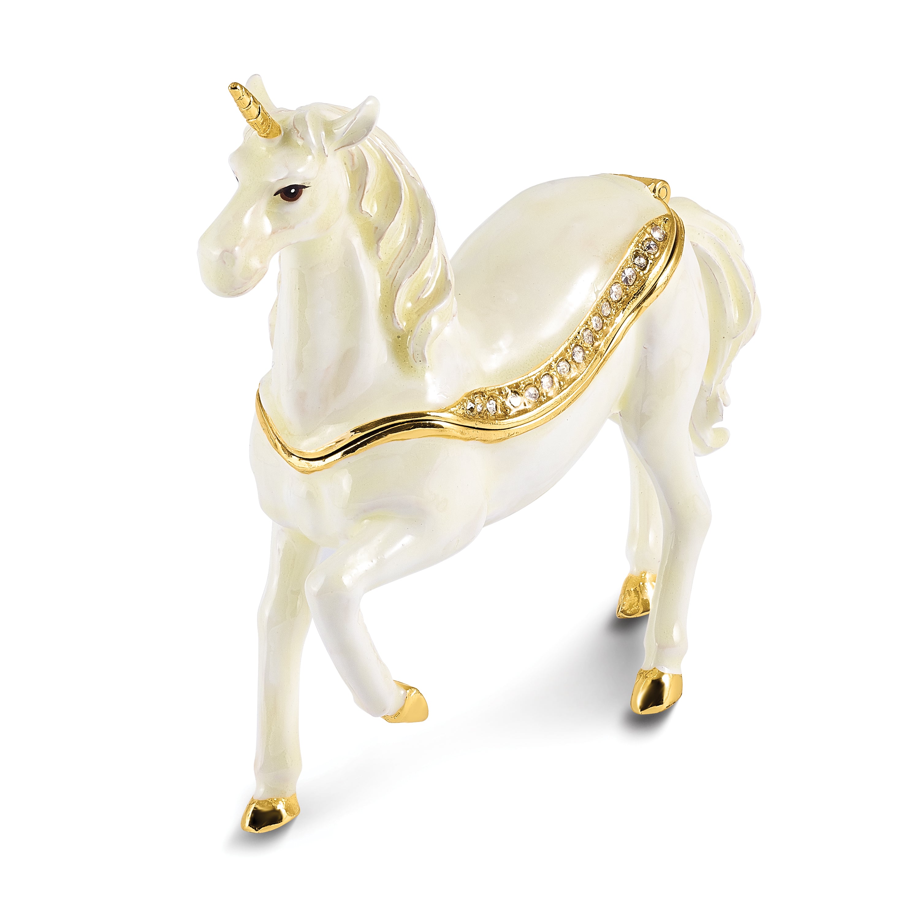 Luxury Giftware by Jere Pewter Bejeweled Crystals Gold-tone Enameled SUNNY Enchanted Unicorn Trinket Box with Matching 18 Inch Necklace