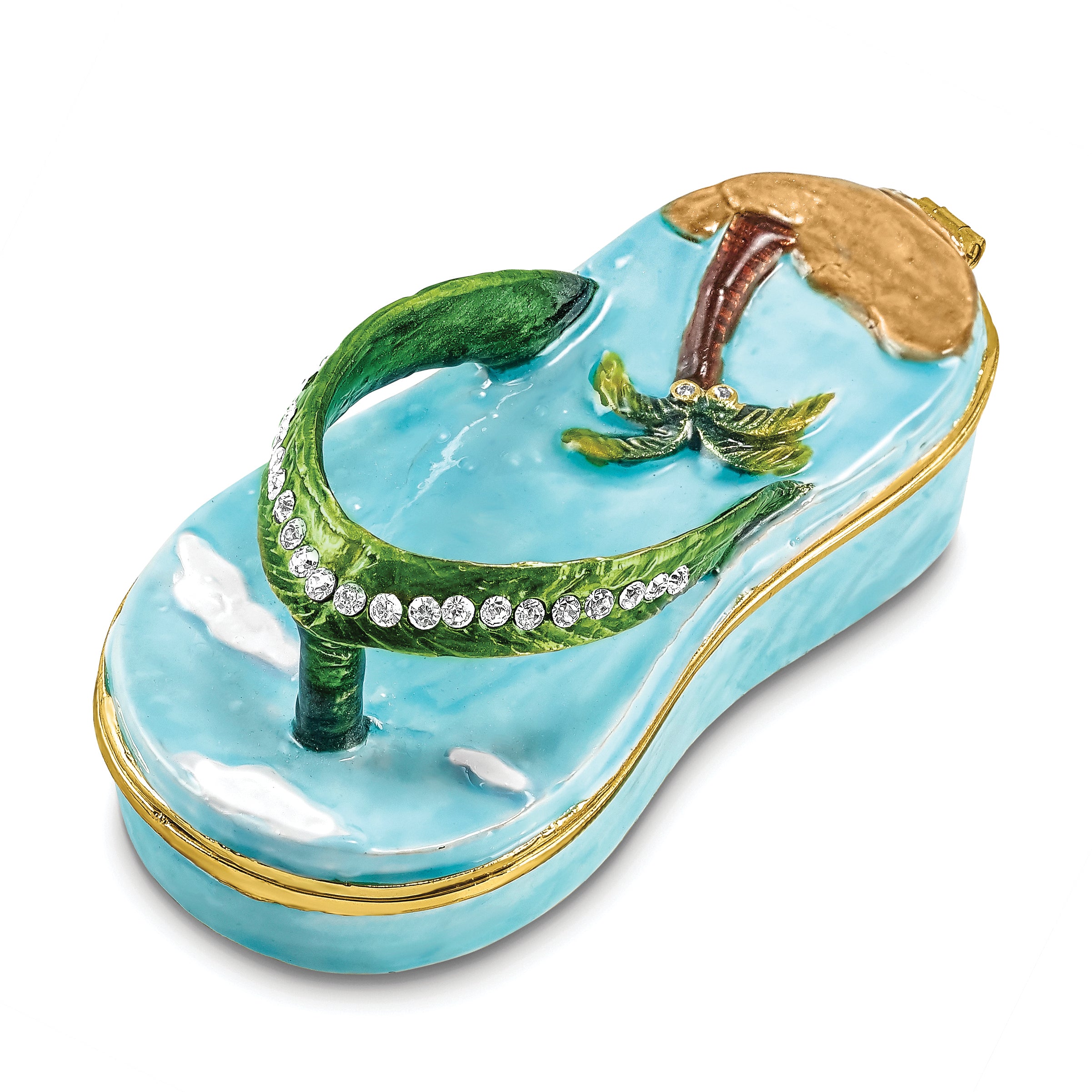 Luxury Giftware by Jere Pewter Bejeweled Crystals Gold-tone Enameled SANDY TOES Sandal With Palm Tree Trinket Box with Matching 18 Inch Necklace