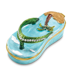 Luxury Giftware by Jere Pewter Bejeweled Crystals Gold-tone Enameled SANDY TOES Sandal With Palm Tree Trinket Box with Matching 18 Inch Necklace
