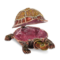 Luxury Giftware by Jere Pewter Bejeweled Crystals Rose-tone Enameled RHODA Tortoise With Moving Head Trinket Box with Matching 18 Inch Necklace