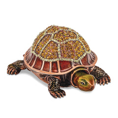 Luxury Giftware by Jere Pewter Bejeweled Crystals Rose-tone Enameled RHODA Tortoise With Moving Head Trinket Box with Matching 18 Inch Necklace