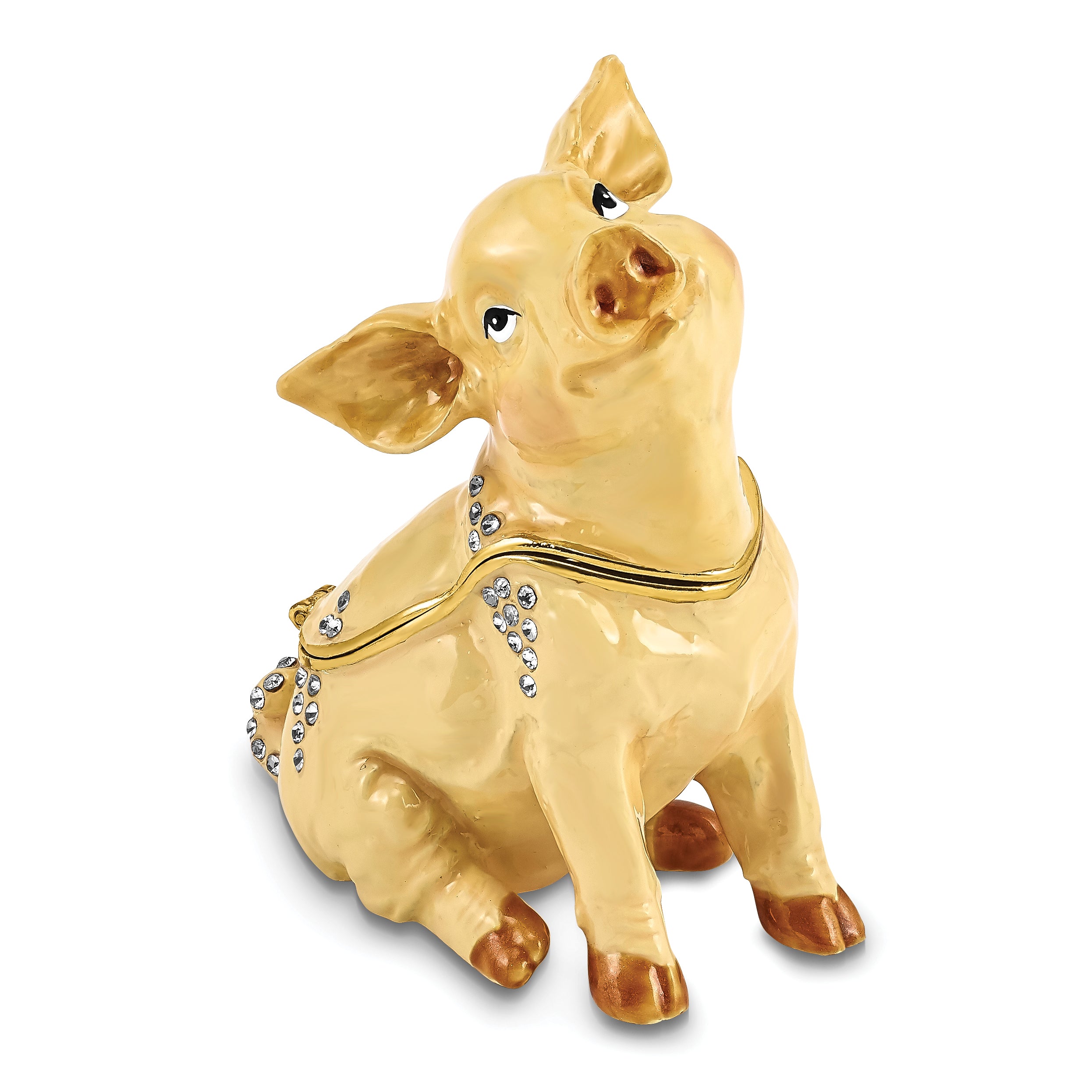 Luxury Giftware by Jere Pewter Bejeweled Crystals Gold-tone Enameled PRECIOUS Pig Trinket Box with Matching 18 Inch Necklace