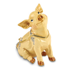 Luxury Giftware by Jere Pewter Bejeweled Crystals Gold-tone Enameled PRECIOUS Pig Trinket Box with Matching 18 Inch Necklace
