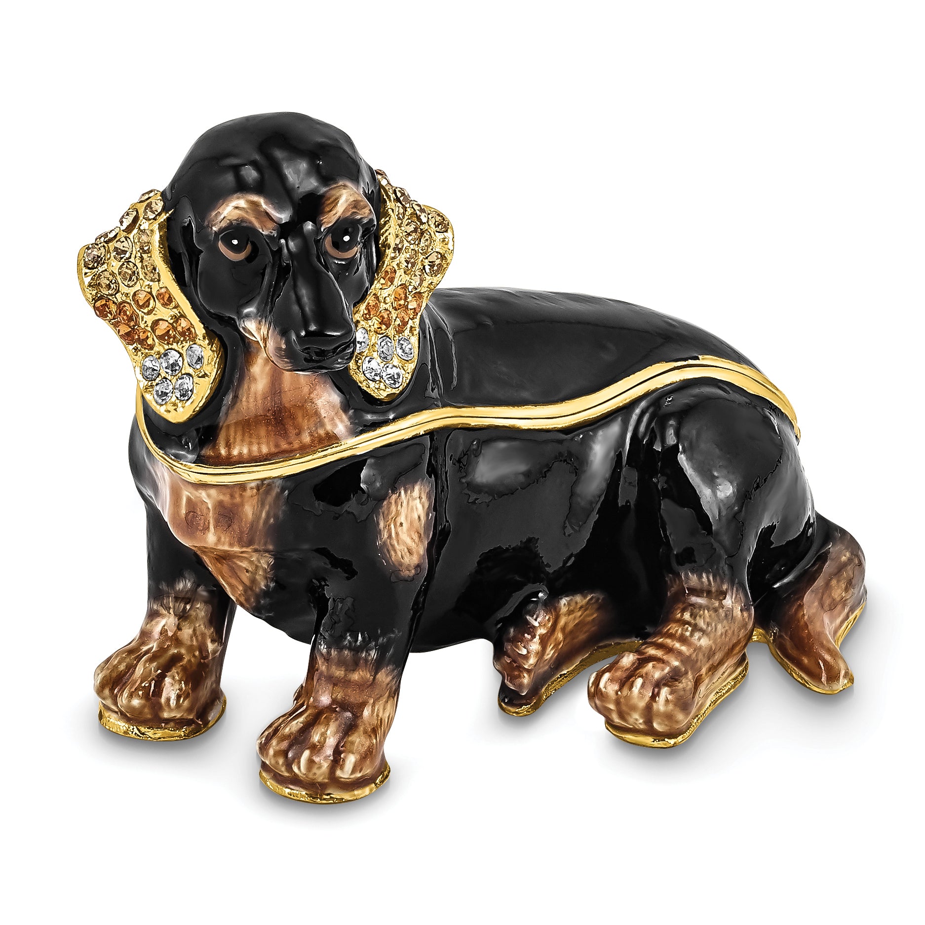 Luxury Giftware by Jere Pewter Bejeweled Crystals Gold-tone Enameled REGAN Dachshund Trinket Box with Matching 18 Inch Necklace