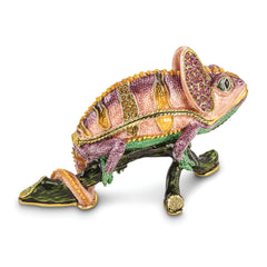 Luxury Giftware by Jere Pewter Bejeweled Crystals Gold-tone Enameled CAMILLE Chameleon Trinket Box with Matching 18 Inch Necklace