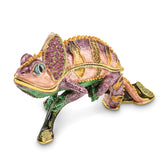 Luxury Giftware by Jere Pewter Bejeweled Crystals Gold-tone Enameled CAMILLE Chameleon Trinket Box with Matching 18 Inch Necklace