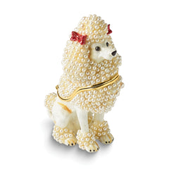 Luxury Giftware by Jere Pewter Bejeweled Imitation Pearls and Crystals Gold-tone Enameled FIFI French Poodle Trinket Box with Matching 18 Inch Necklace