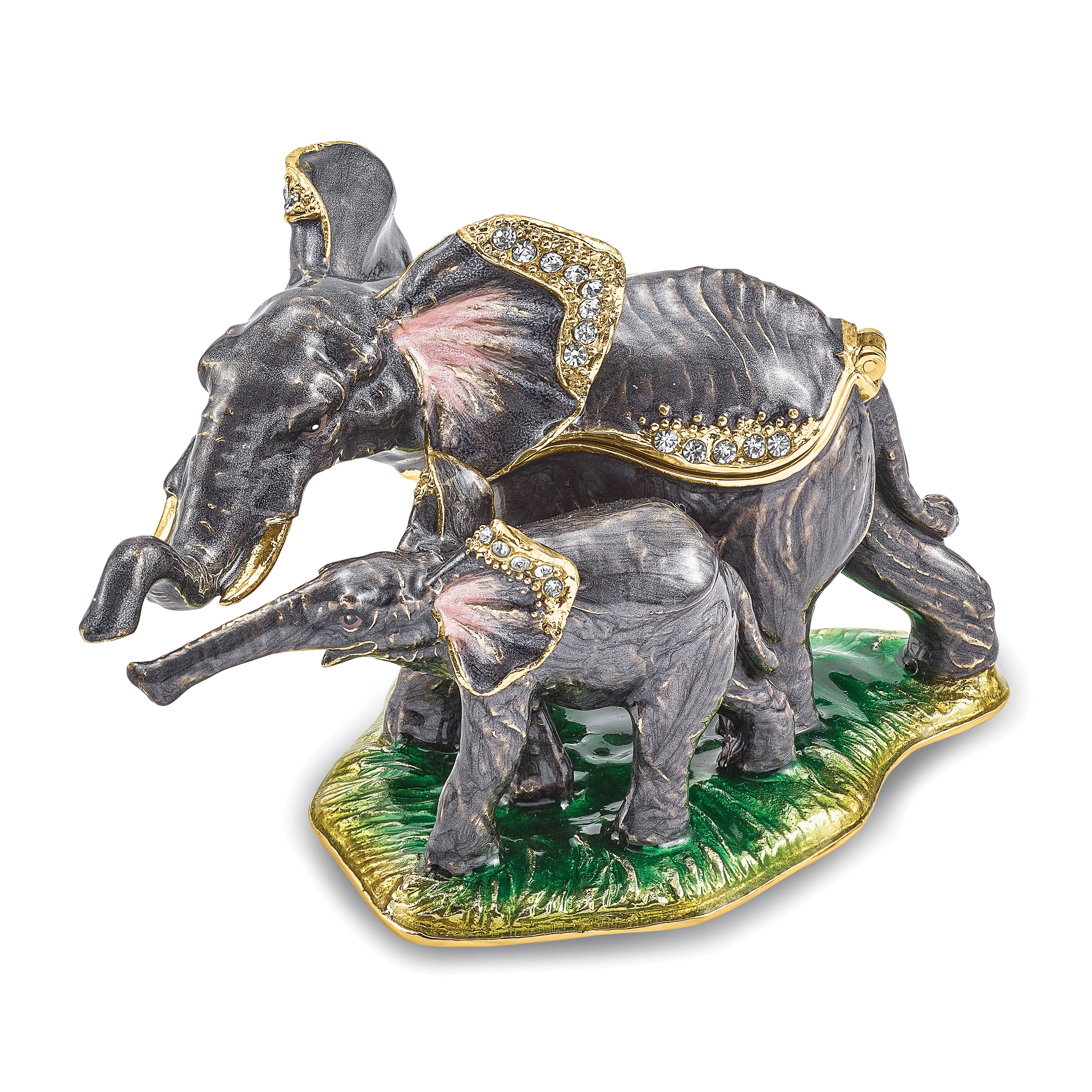 Luxury Giftware by Jere Pewter Bejeweled Crystals Gold-tone Enameled ELLA & ELI Mom & Baby Elephant Trinket Box with Matching 18 Inch Necklace