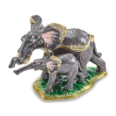 Luxury Giftware by Jere Pewter Bejeweled Crystals Gold-tone Enameled ELLA & ELI Mom & Baby Elephant Trinket Box with Matching 18 Inch Necklace
