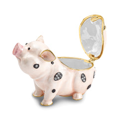 Luxury Giftware by Jere Pewter Bejeweled Crystals Gold-tone Enameled PETUNIA Spotted Pig Trinket Box with Matching 18 Inch Necklace