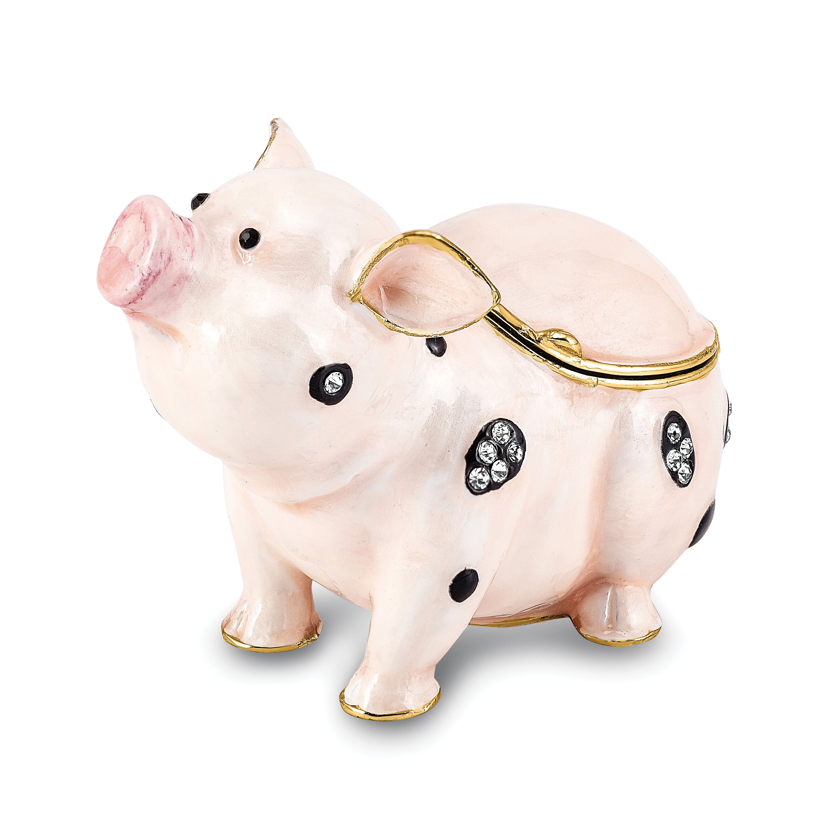 Luxury Giftware by Jere Pewter Bejeweled Crystals Gold-tone Enameled PETUNIA Spotted Pig Trinket Box with Matching 18 Inch Necklace