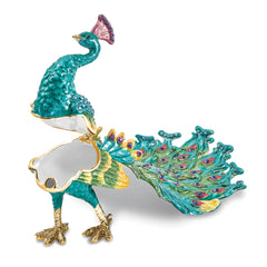 Luxury Giftware by Jere Pewter Bejeweled Crystals Gold-tone Enameled TAYLOR Blue Peacock Trinket Box with Matching 18 Inch Necklace