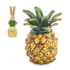 Luxury Giftware by Jere Pewter Bejeweled Crystals Gold-tone Enameled GOOD VIBES Golden Pineapple Trinket Box with Matching 18 Inch Necklace