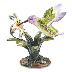 Luxury Giftware by Jere Pewter Bejeweled Crystals Gold-tone Enameled VIOLA Hummingbird & Daylily Trinket Box with Matching 18 Inch Necklace