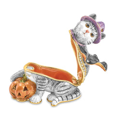 Luxury Giftware by Jere Bejeweled Crystals Gold-tone Enameled SERENA Halloween Cat Trinket Box with Matching 18 Inch Necklace