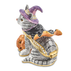 Luxury Giftware by Jere Bejeweled Crystals Gold-tone Enameled SERENA Halloween Cat Trinket Box with Matching 18 Inch Necklace