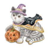 Luxury Giftware by Jere Bejeweled Crystals Gold-tone Enameled SERENA Halloween Cat Trinket Box with Matching 18 Inch Necklace