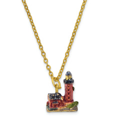 Luxury Giftware Pewter Bejeweled Crystals Gold-tone Enameled BEACON Red Brick Lighthouse Trinket Box with Matching 18 Inch Necklace