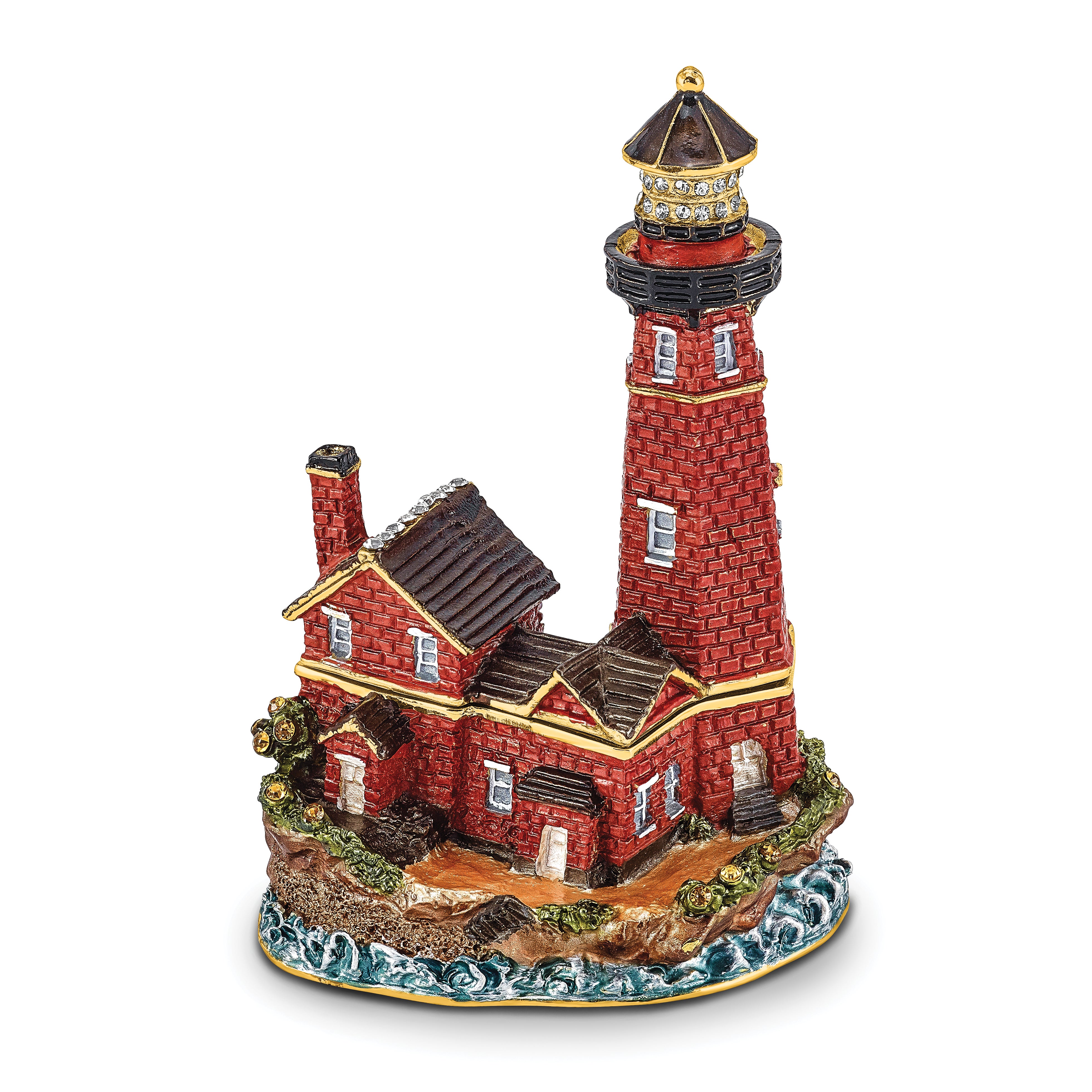 Luxury Giftware Pewter Bejeweled Crystals Gold-tone Enameled BEACON Red Brick Lighthouse Trinket Box with Matching 18 Inch Necklace