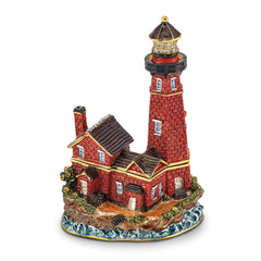 Luxury Giftware Pewter Bejeweled Crystals Gold-tone Enameled BEACON Red Brick Lighthouse Trinket Box with Matching 18 Inch Necklace