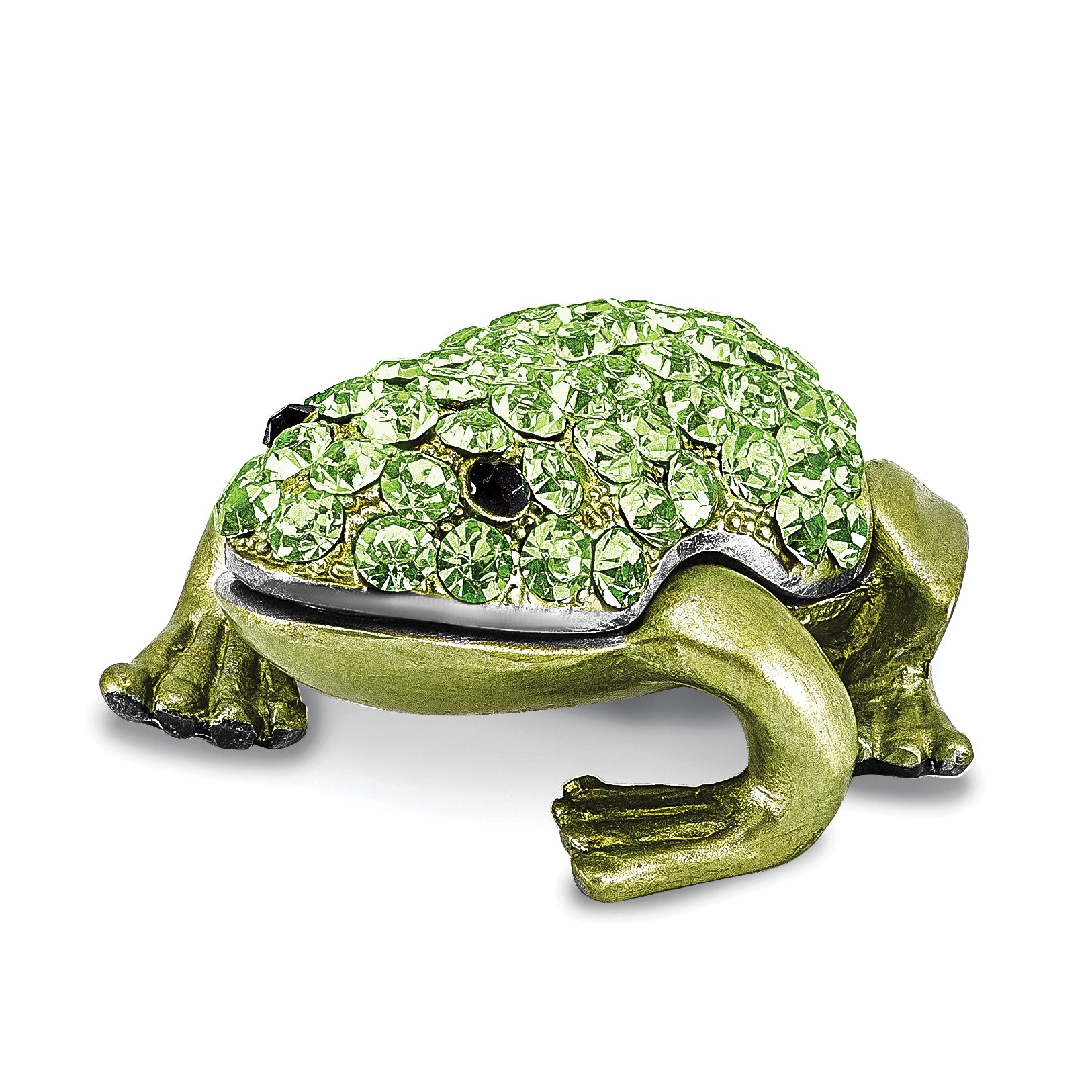 Luxury Giftware by Jere Pewter Bejeweled Crystals Silver-tone Enameled HOPPER Small Green Frog Trinket Box with Matching 18 Inch Necklace
