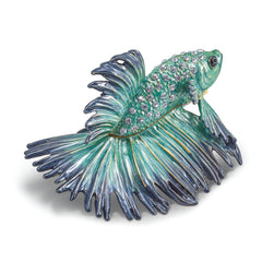 Luxury Giftware by Jere Pewter Bejeweled Crystals Gold-tone Enameled SY Betta Fish Trinket Box with Matching 18 Inch Necklace
