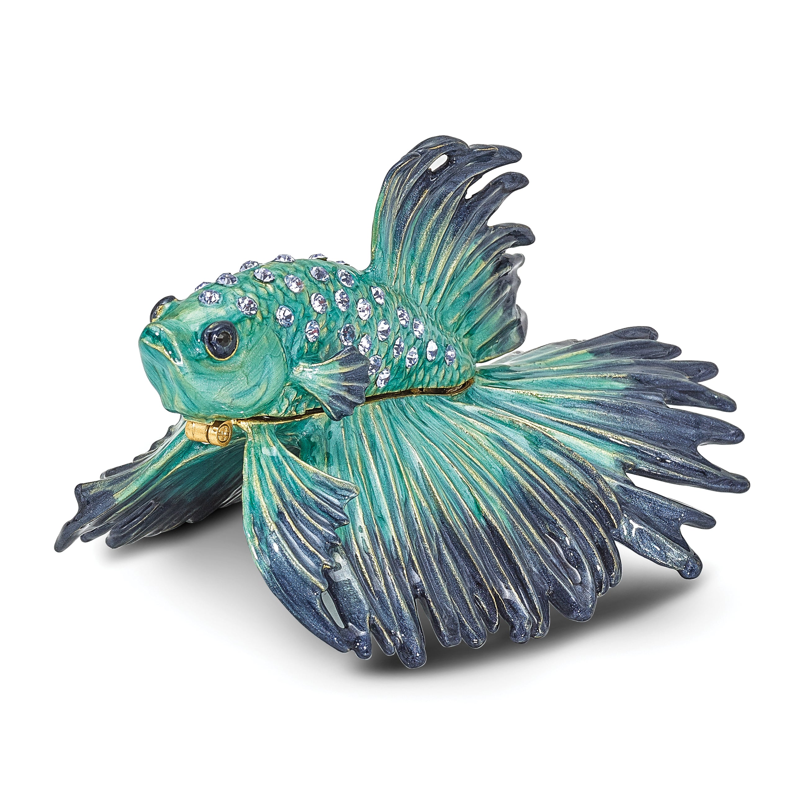 Luxury Giftware by Jere Pewter Bejeweled Crystals Gold-tone Enameled SY Betta Fish Trinket Box with Matching 18 Inch Necklace