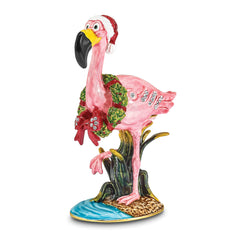 Luxury Giftware by Jere Pewter Bejeweled Crystals Gold-tone Enameled LEFTY Holiday Flamingo Trinket Box with Matching 18 Inch Necklace