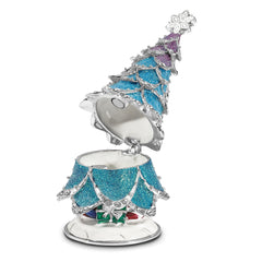 Luxury Giftware by Jere Bejeweled Crystals Silver-tone Enameled ARCTIC BLUE Christmas Tree Trinket Box with Matching 18 Inch Necklace