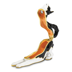 Luxury Giftware by Jere Pewter Bejeweled Crystals Gold-tone Enameled SLEEPY Stretching Black and White Cat Trinket Box with Matching 18 Inch Necklace