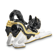 Luxury Giftware by Jere Pewter Bejeweled Crystals Gold-tone Enameled SLEEPY Stretching Black and White Cat Trinket Box with Matching 18 Inch Necklace