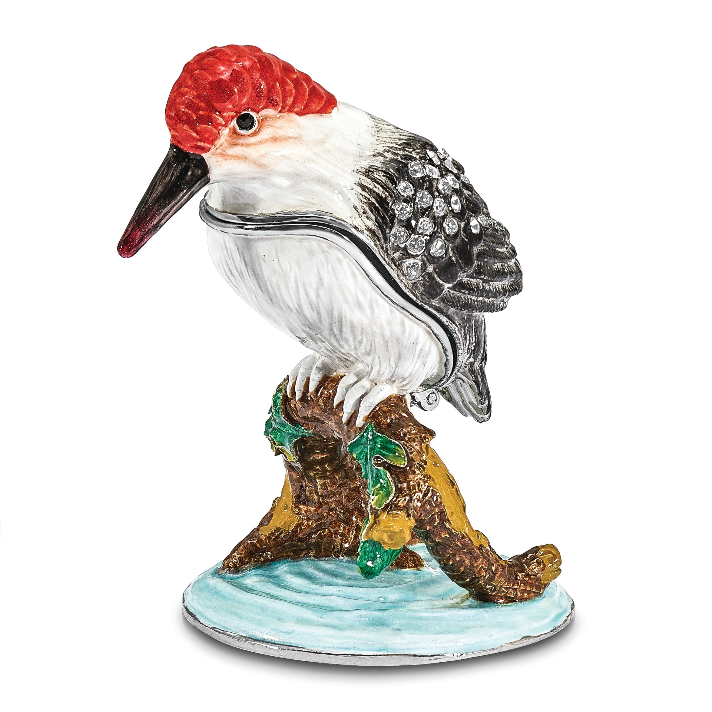 Luxury Giftware by Jere Pewter Bejeweled Crystals Silver-tone Enameled WOODROW Woodpecker Trinket Box with Matching 18 Inch Necklace