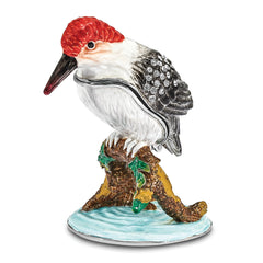Luxury Giftware by Jere Pewter Bejeweled Crystals Silver-tone Enameled WOODROW Woodpecker Trinket Box with Matching 18 Inch Necklace