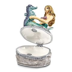 Luxury Giftware by Jere Pewter Bejeweled Crystals Silver-tone Enameled ADELLA Mermaid with Seahorse Trinket Box with Matching 18 Inch Necklace