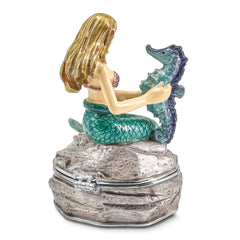 Luxury Giftware by Jere Pewter Bejeweled Crystals Silver-tone Enameled ADELLA Mermaid with Seahorse Trinket Box with Matching 18 Inch Necklace