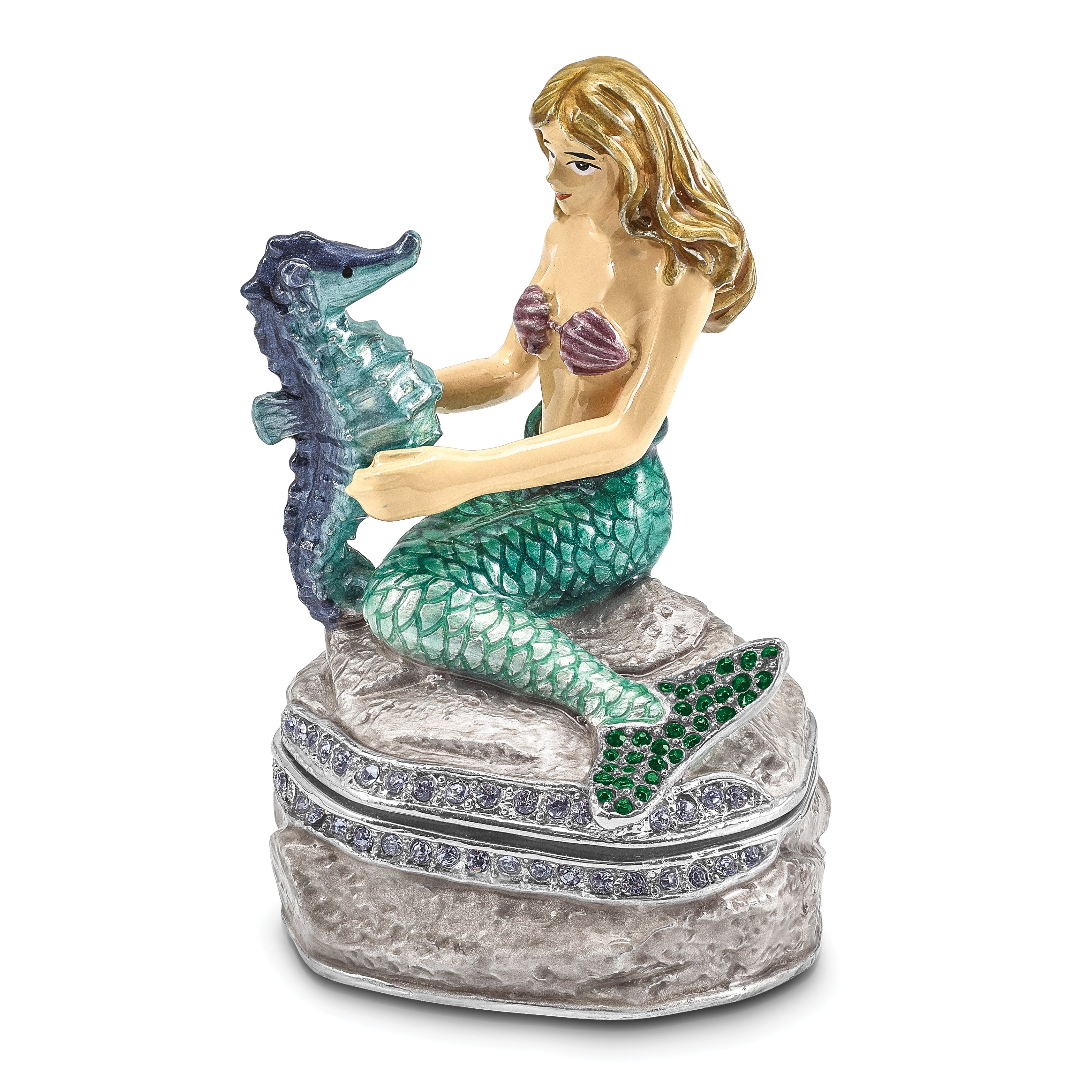 Luxury Giftware by Jere Pewter Bejeweled Crystals Silver-tone Enameled ADELLA Mermaid with Seahorse Trinket Box with Matching 18 Inch Necklace
