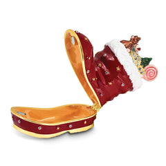 Luxury Giftware by Jere Bejeweled Crystals Gold-tone Enameled BOOTS Stocking Trinket Box with Matching 18 Inch Necklace