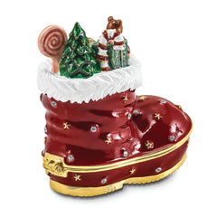 Luxury Giftware by Jere Bejeweled Crystals Gold-tone Enameled BOOTS Stocking Trinket Box with Matching 18 Inch Necklace